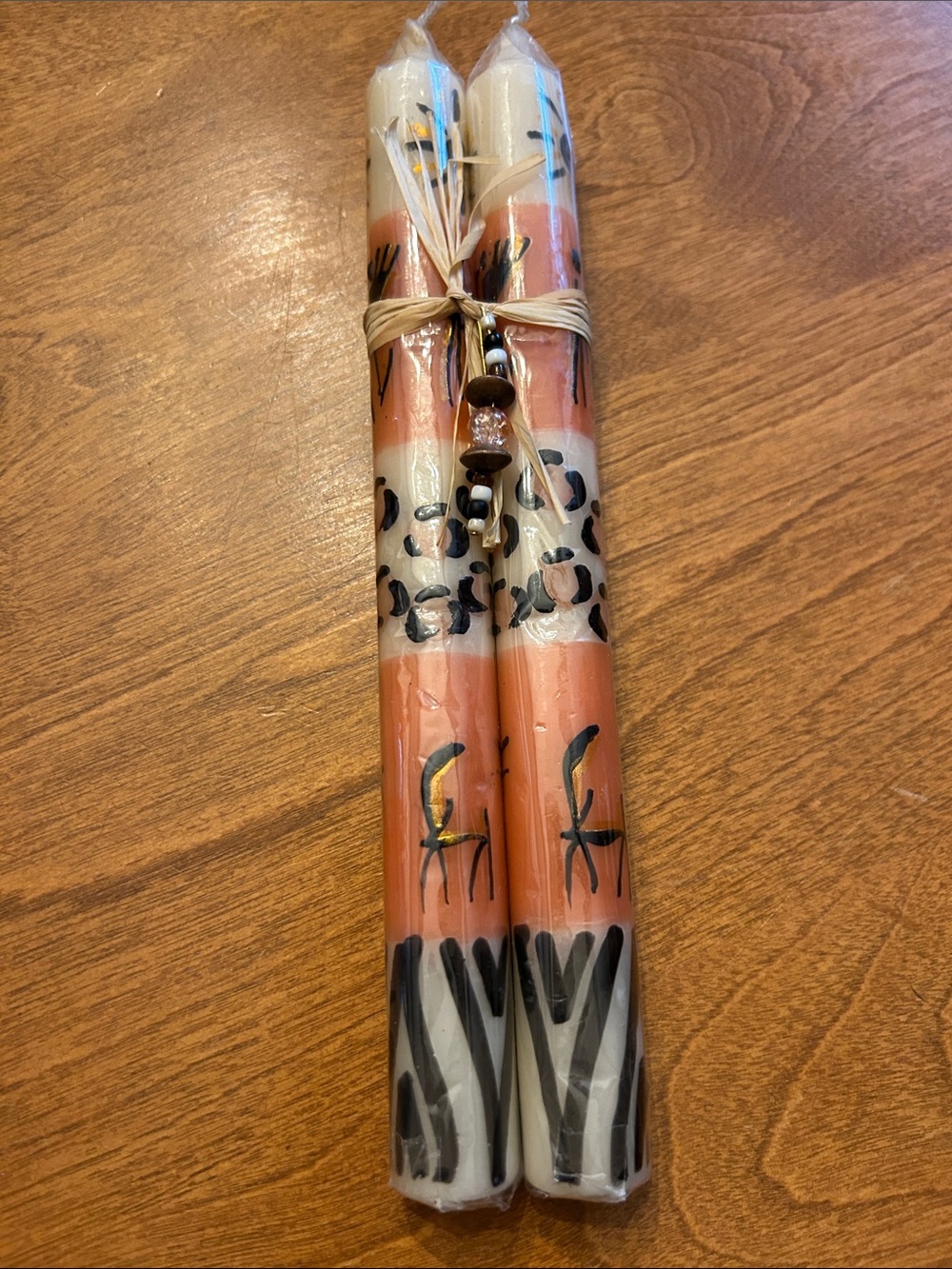 Coral and Cream Hand-Painted African Decorative Taper Candles - Set of 2